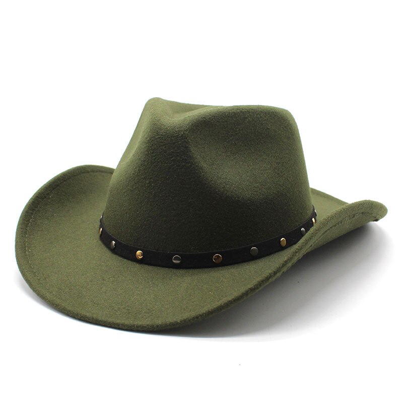 Wool Women Men Western Cowboy Hat Punk belt Gentleman Cowgirl Bowler Cap Jazz Church Cap Sombrero Hombre: Army Green
