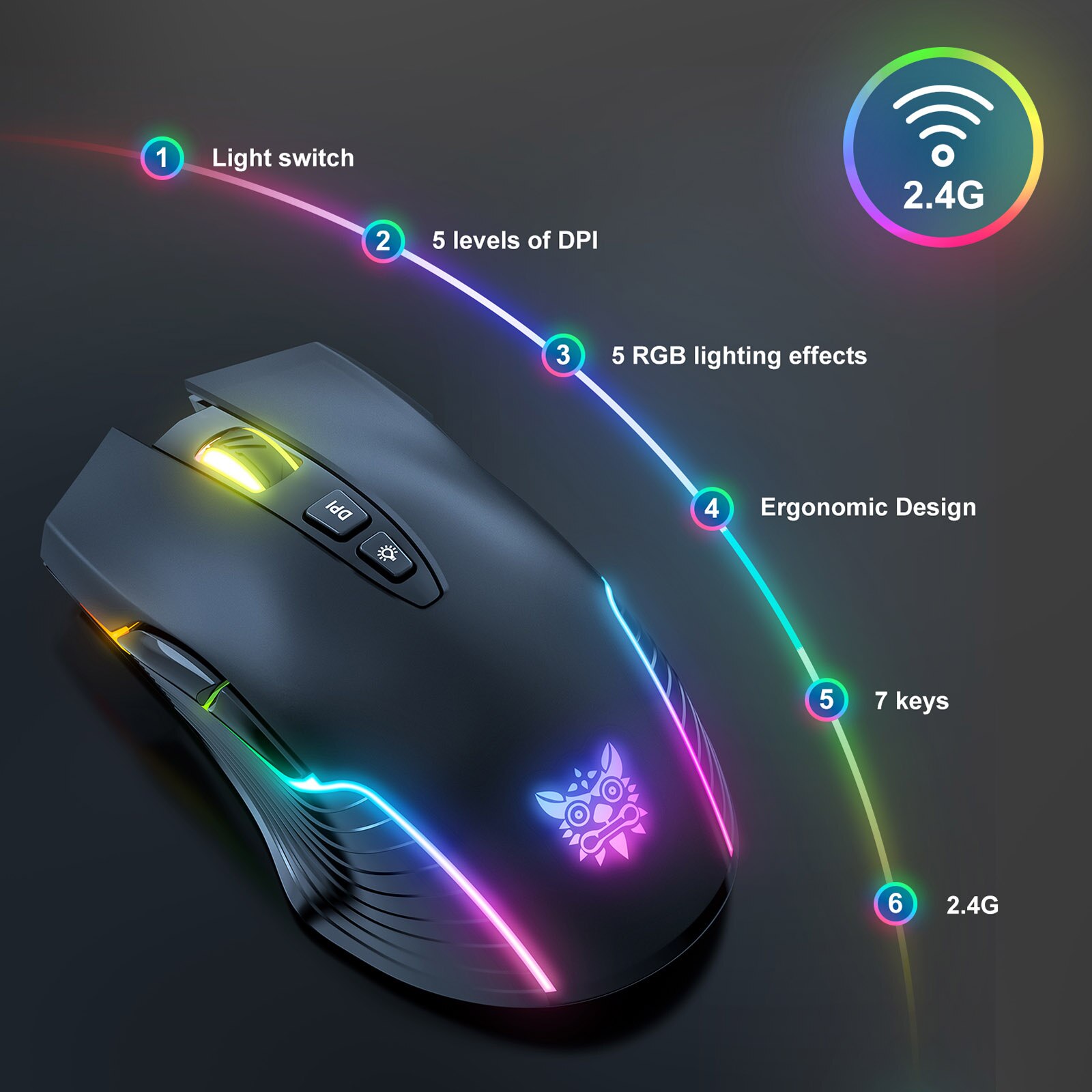 Onikuma  cw905 kabellose gaming-maus mit rgb-hintergrundbeleuchtung, optische e-sport-maus, 3600 dpi 2.4g 5- geschwindigkeiten , 7 tasten für laptops