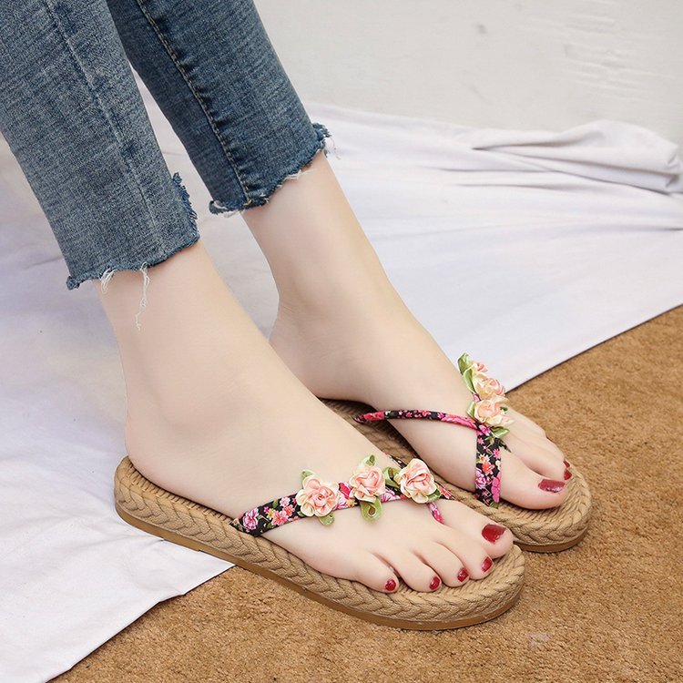 Zapatos de cáñamo para mujer, sandalias cruzadas de playa, chanclas con flores, cómodos, para verano: pink / 5