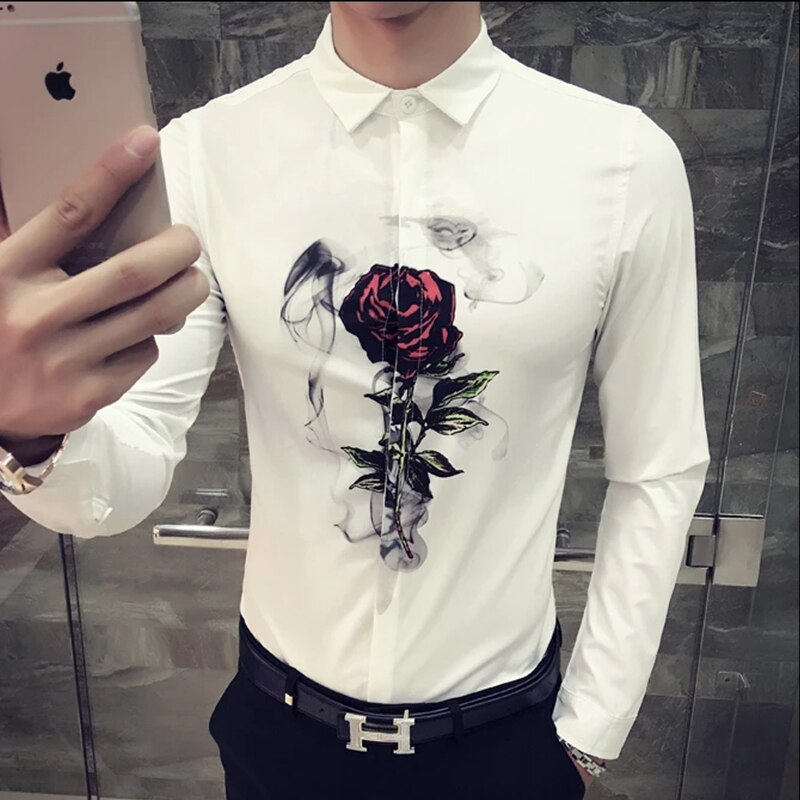 Camisas ajustadas coreanas para hombre , camisetas sociales informales con estampado Digital de manga larga para Club nocturno o , Camisa Masculina