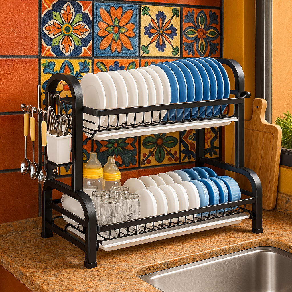 Stainless Steel 2-Tier Dish Drying Rack Large Rust-Proof Compact Kitchen Drainboard With Utensil Holder