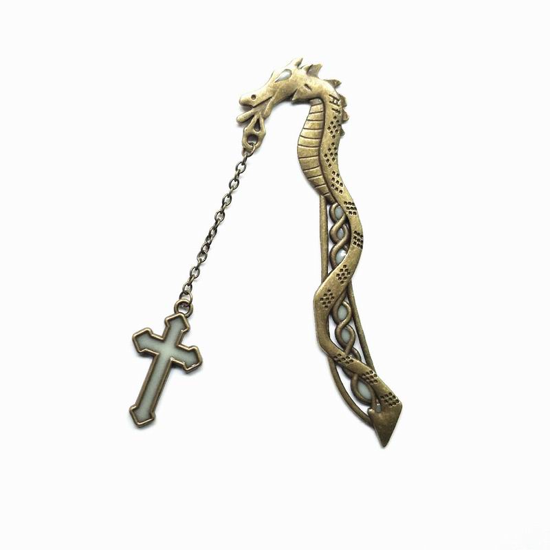 Liser Retro 2 Color Office Study School Supplies Luminous Alloy Cross Pendant Dragon/Ruler 2 in 1 Bookmark: TypeA-Brown