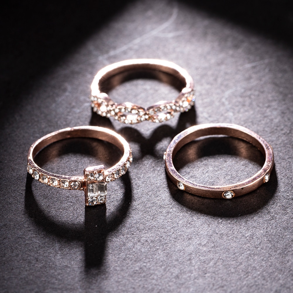 3 Pcs Trendy Sparkling Round Cut Zircon Ring Set Women Brilliant Shiny Stone Wedding Rings Teen Girls Cubic Zirconia Ring