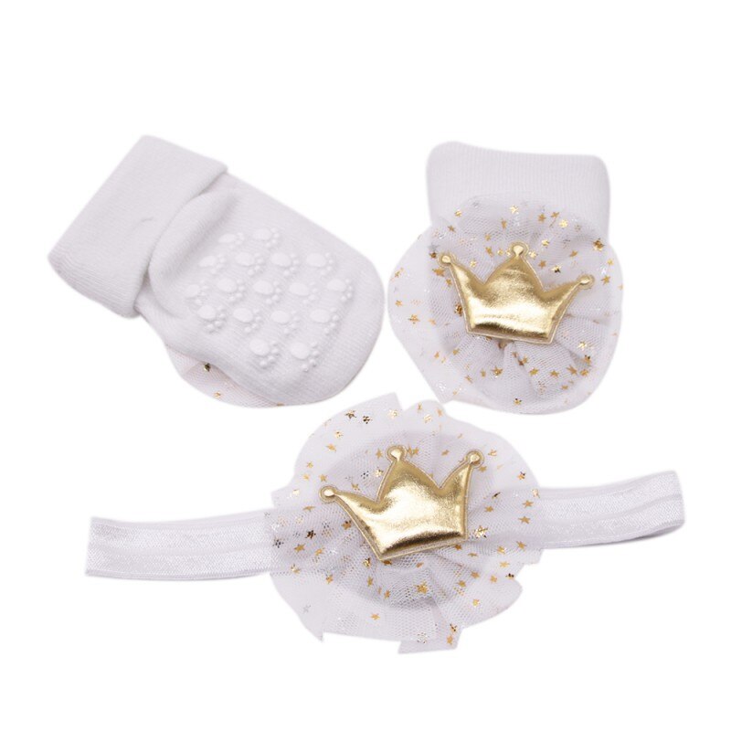 Newborn Soft Socks Baby Crown Highlight Flower Stretch HairBand+Non-slip Cotton Socks Two-piece Children Headband