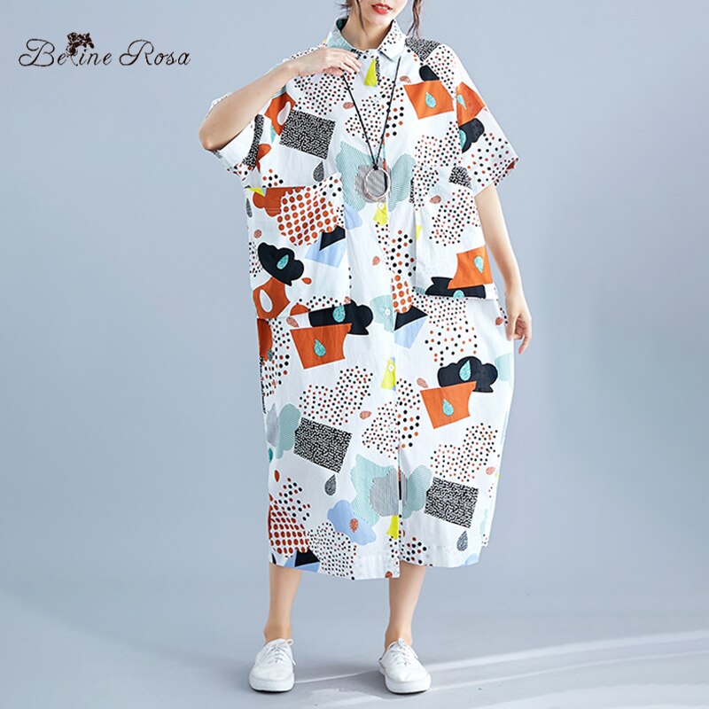 BelineRosa vrouwen Geometrische Patroon Print Vrouwen Blouse Jurken Zomer Mode Losse Lange Shirt Jurken Vrouwelijke XE000097