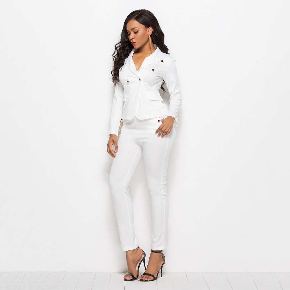 Outono inverno mulheres de negócios elegante terno 2 peça conjunto branco blazer casaco lápis fino longo pant senhora do escritório jaqueta roupas femininas