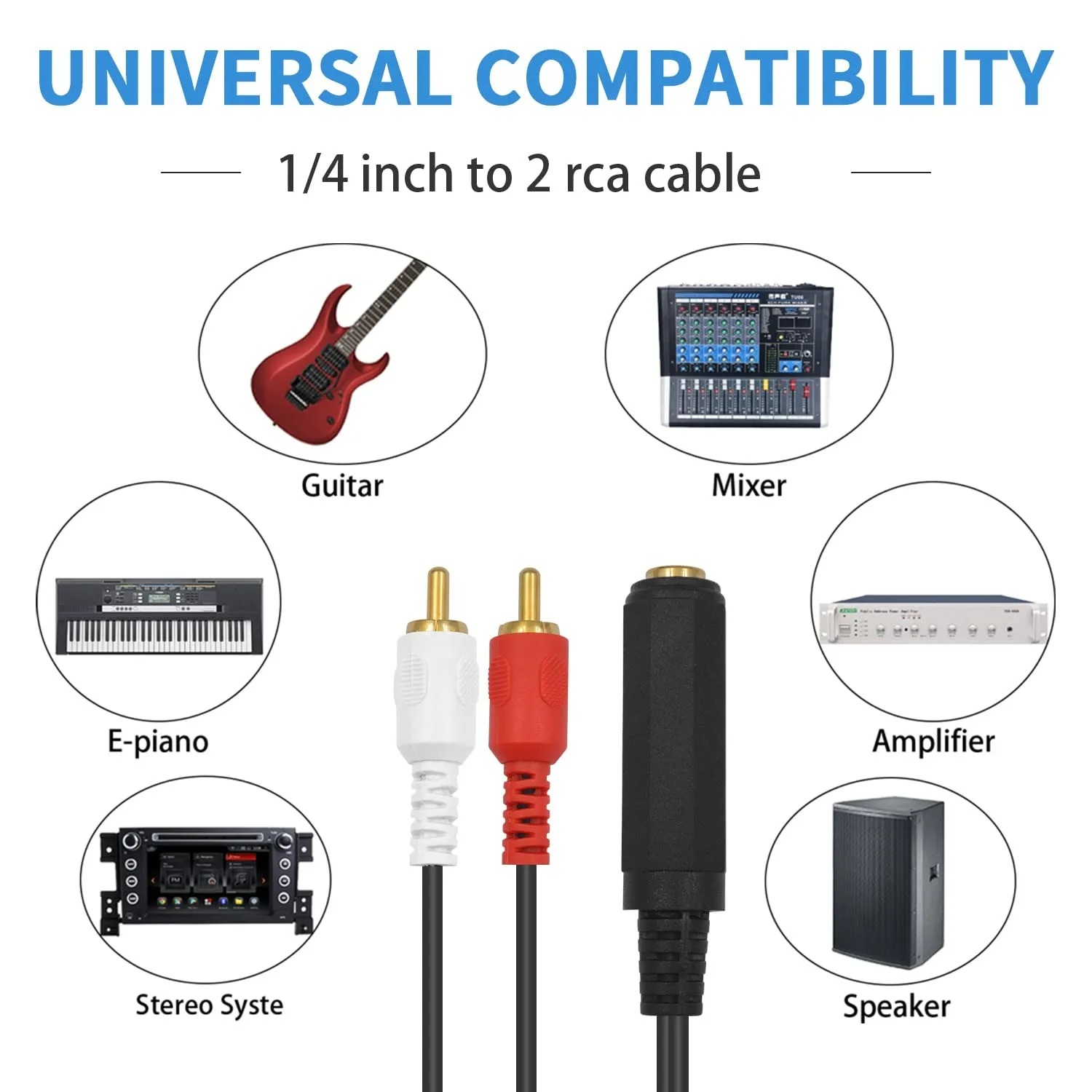 1/4 inch TRS-aansluiting naar 2 RCA R/L Y-splitter Stereo audiokabel 0,3 m Dual RCA naar 6,35 mm adaptersnoer voor versterker mixer luidspreker