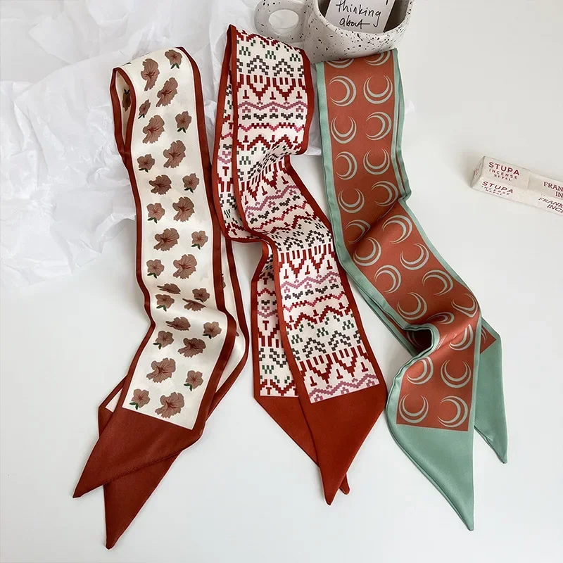 Fita bandana lenço de seda all-match vermelho laço de cabelo longo cachecol acessórios flor impresso cachecol headbands para mulher
