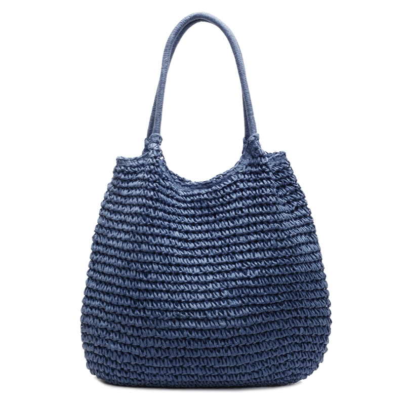 Bolsos de hombro de tela lisa de gran capacidad, bolsos de playa calados para mujer, bolsos de mujer a la venta 2025, bolsos de mujer sólidos con cremallera a la: Azul