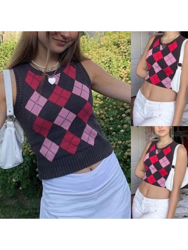 Femmes sans manches tricot pull gilet losange Plaid Preppy Style recadrée débardeur 83XF