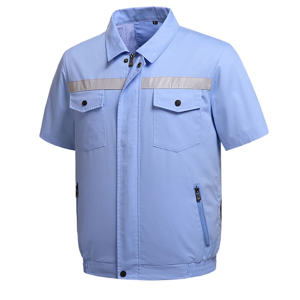 Summer Japanese Air Cooling Fan Reflective Strip Short Sleeve Jacket Electric Welding Site Factory Fan Cooling Working Top Coat: Sky Blue / M