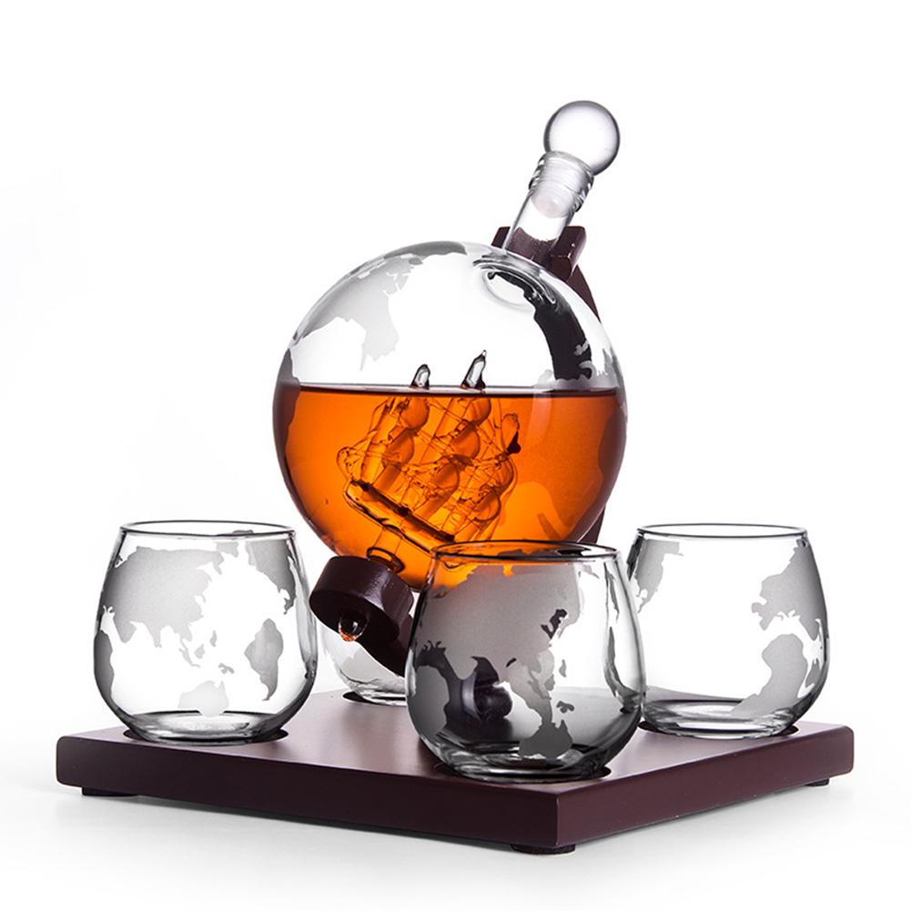 Whiskey Decanter Antieke Whiskey Dispenser Voor Liquor Scotch Bourbon Vodka Globe Decanter Met Afgewerkte Houten Stand 4 Glasse