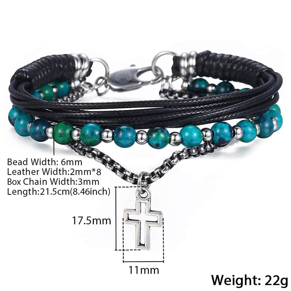 Trendsmax läderarmband för män pärlkedja rostfritt stål grönt kors charm box länk kedja herr smycken kdlb 72: Dlb 72