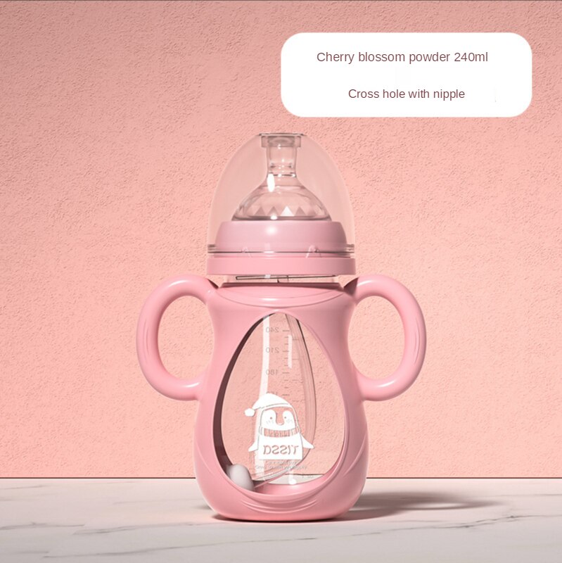 Neonatal glass bottle baby glass bottle baby bottle maternal and child supplies: Pink 240ml