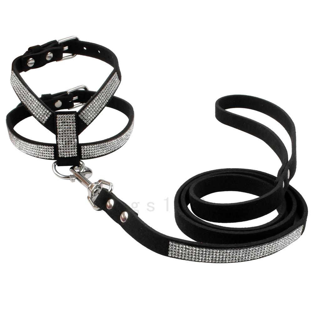 Suede Rhinestone Dog Harness en Leash Set Zachte Diamante Pet harnas en Lood Stap In Voor Kleine Middelgrote Honden Chihuahua Yorkshire: Black / L