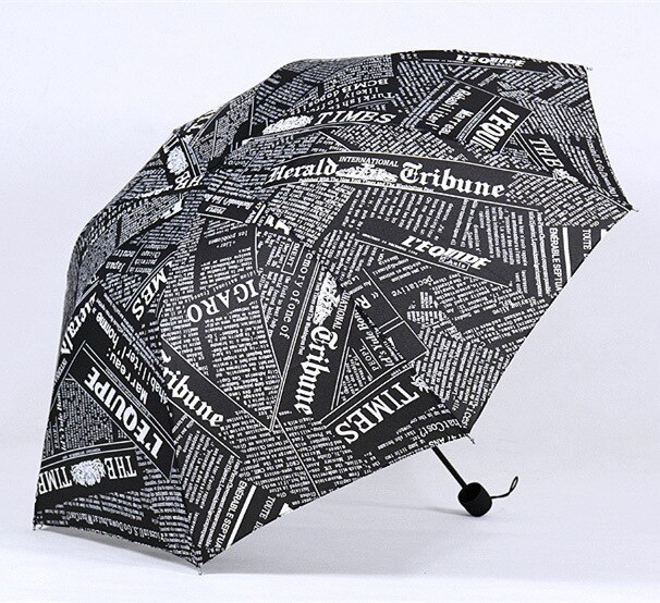 Oil Painting Newspaper Pattern Rain Umbrella Windproof Travel Men Umbrella Three Folding Metal Compact Women Umbrella: Black