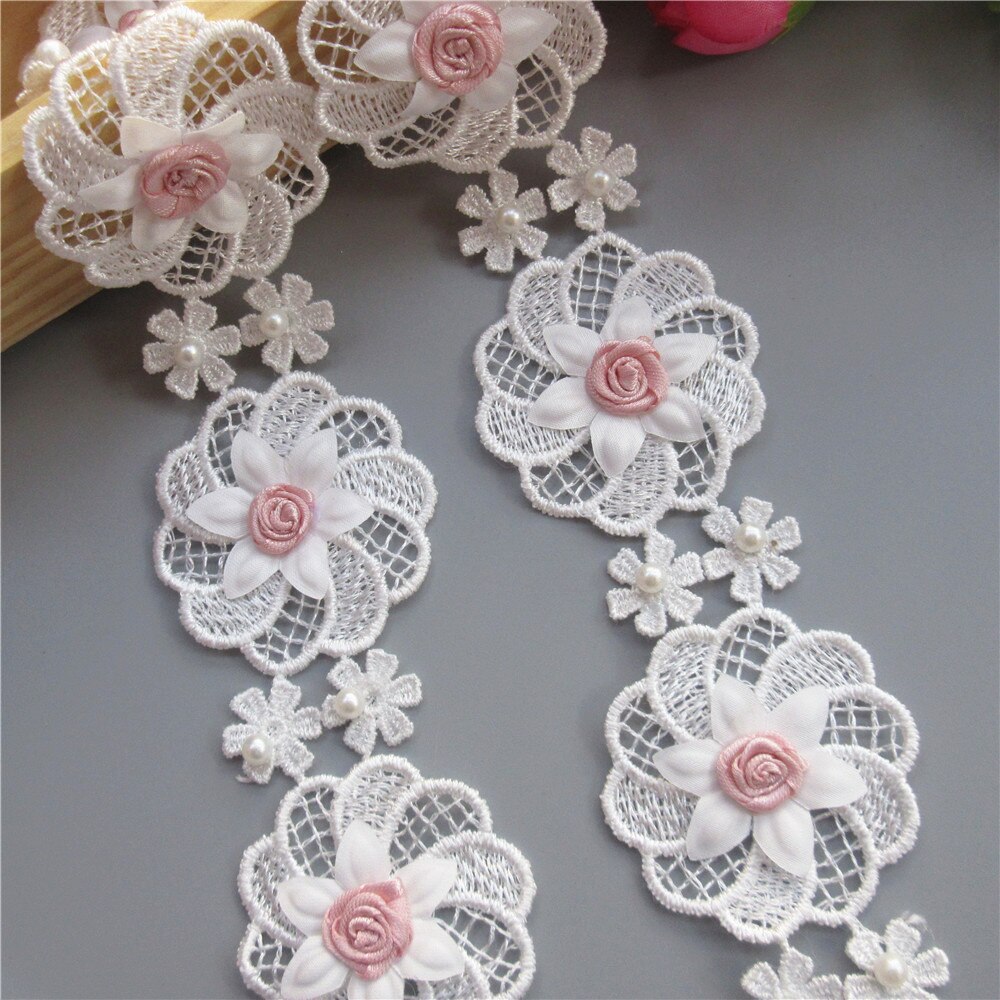 10X5Cm 3D Parel Roze Bloemen Geborduurde Kant Trim Lint Patches Applique Stof Diy Trouwjurk Naaibenodigdheden craft