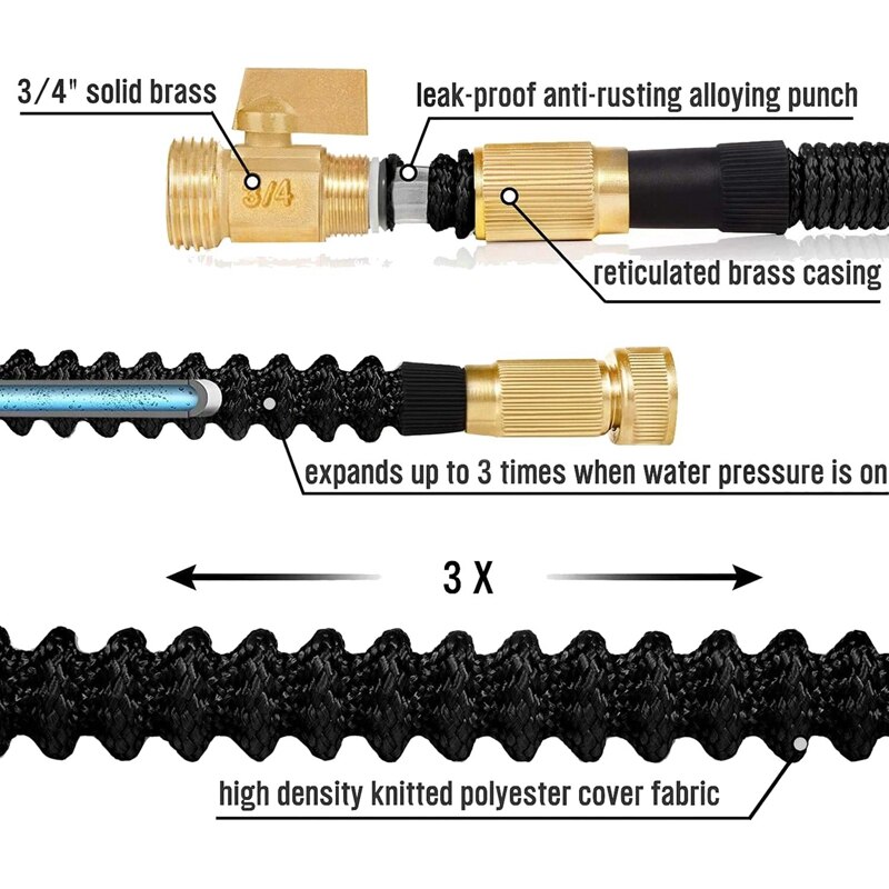 Tuinslang 100FT, Flexibele Lichtgewicht Uitbreidbaar Slang Uitbreiden Duurzaam Water Slang Met 3/4 Inch Massief Messing Fittingen
