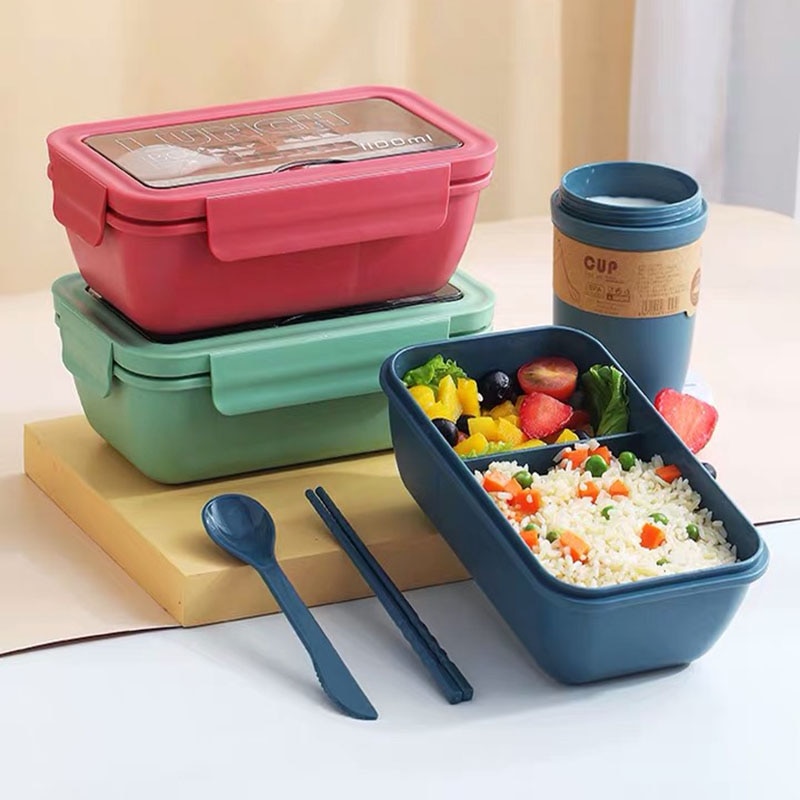 1100Ml Draagbare Lunchbox Gezonde Materiaal Opslag Voedsel Magnetron Met Servies Container Lekvrij Student Stro Lunchbox