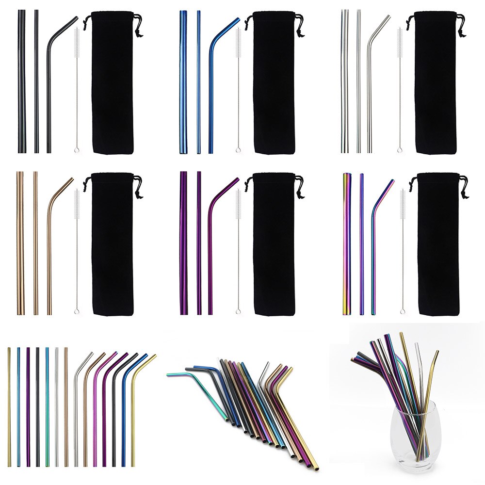 Kleurrijke Rietjes Metal Straw Rvs 3 Stuk Herbruikbare Rietjes 6/12mm Milieuvriendelijke Stro Set Met 1 borstel Zak