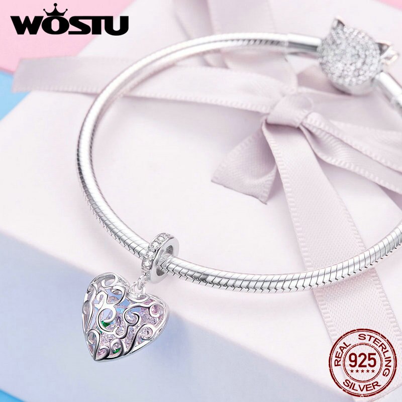 Wostu Lucky Charm 925 Sterling Silver Love Heart Cz Bead Fit Originele Armband Hanger Vrouwen Diy Sieraden Maken FIC1126