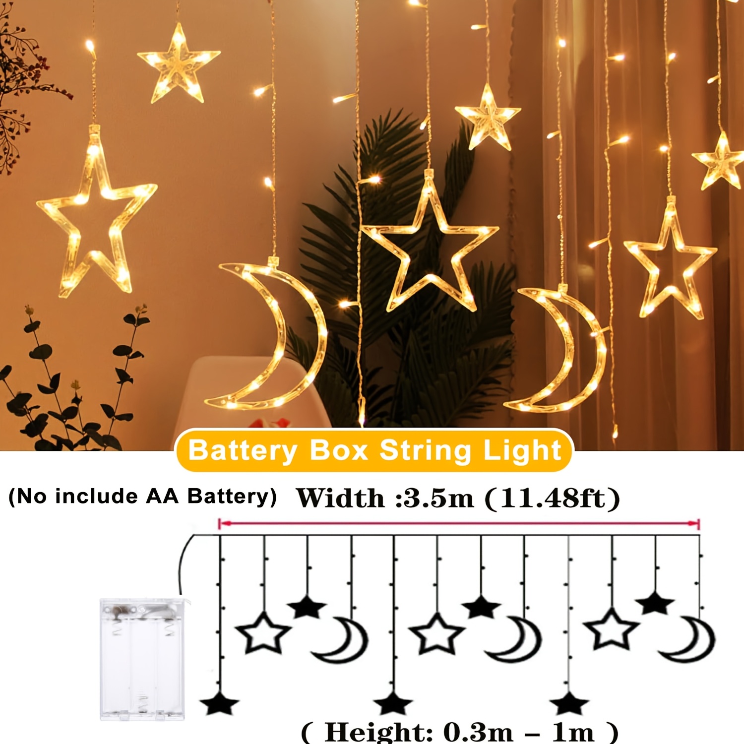 3,5 M Sterne Mond Vorhang Lichterketten Batteriebetriebene Weihnachten Girlande Lampe Hängen Ramadan Lichterkette für Zimmer Neujahr Dekor