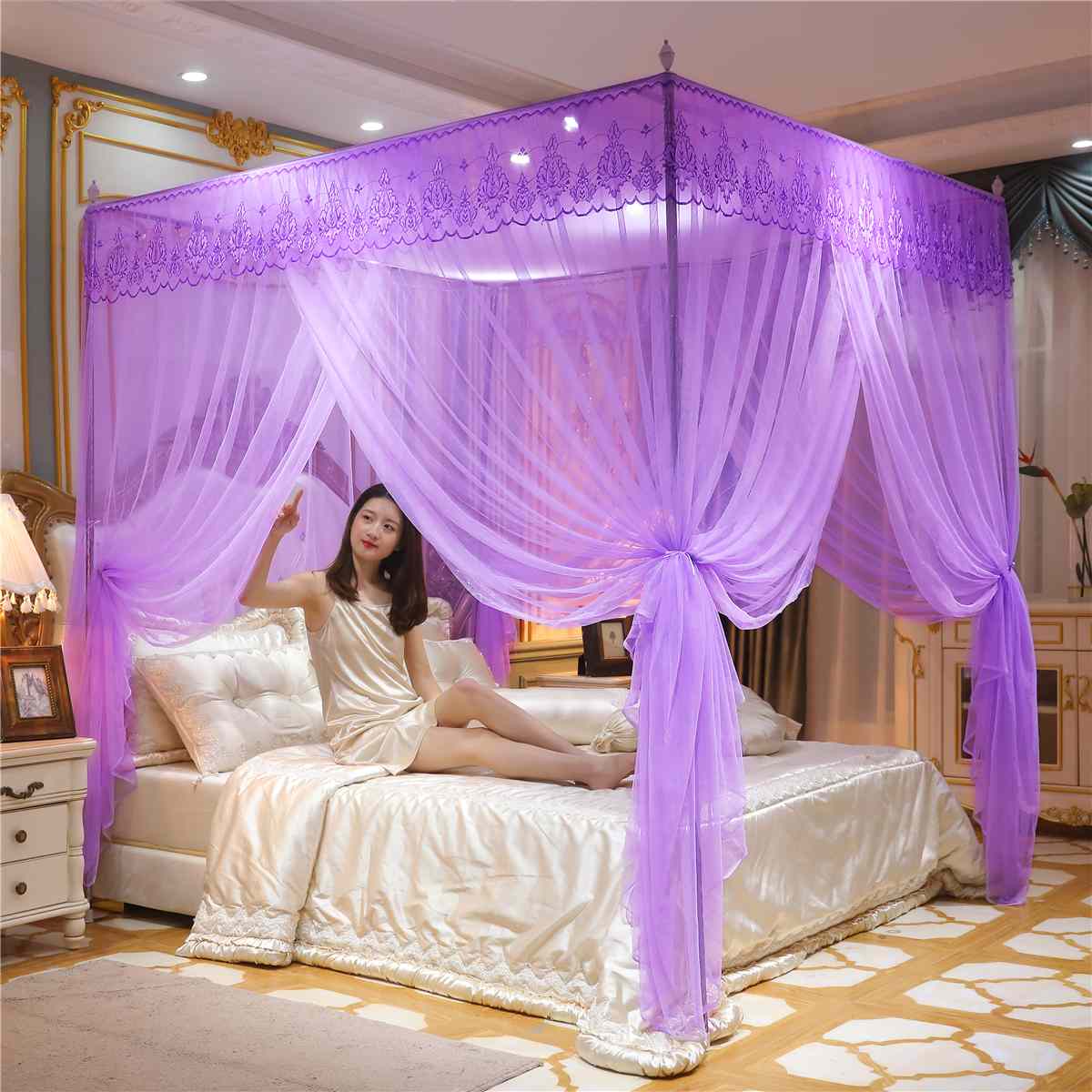 pink quadrate mosquito net palace net with iron tube frame floor-nets romantic lace bed netting blue three-door moustiquaire: Purple