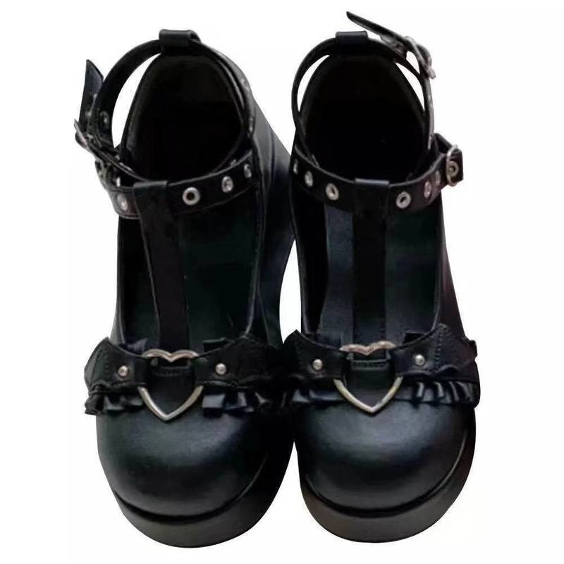 Womens Platforma buty gotyk punk buty Lolita damski kliny gruby obcasy Słodki JK retro Harajuku 35-43 plus rozmiar Nowy: czarny / 36