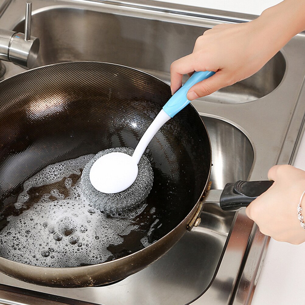 1 pc holdbar rengøringsbørste med håndtag wire børste rengøring kugleskurv til opvaskeskål vask køkkenudstyr: Blå