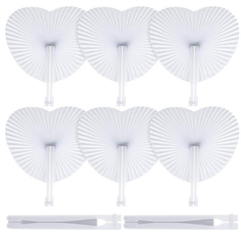 1Pc Wit Papier Fan Hartvormige Ronde Vouwen Fan Plastic Handvat Bruiloft Verjaardag Party Huwelijksceremonie Benodigdheden Thuis decor