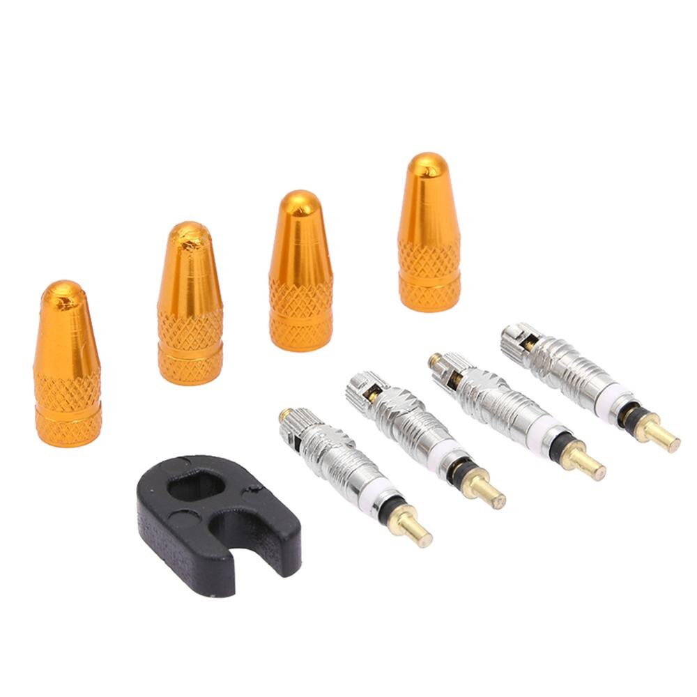 4 Uds. De tapones para vástago de válvula Presta + 4 Uds. De núcleos de válvula + Kit de llave, herramientas para bicicleta de montaña y carretera, piezas de repuesto, accesorios para neumáticos de bicicleta: Gold