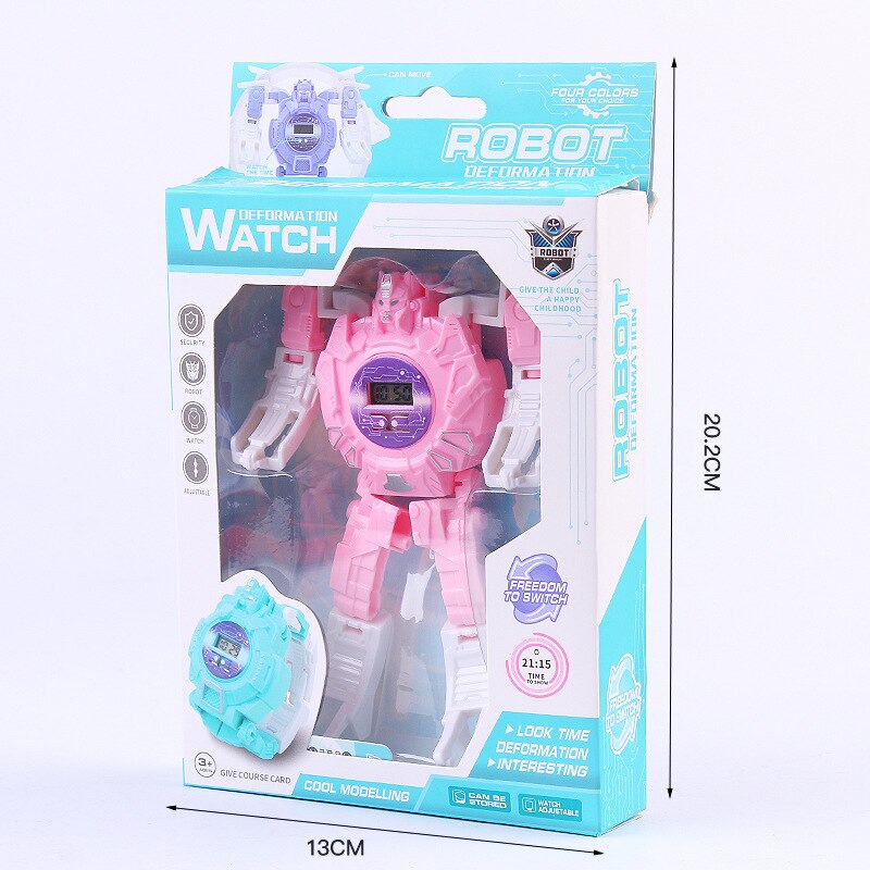 Children Transformation Electronic Watch Jingang Toy Dinosaur Turning Robot Iron and Steel Shining Transformation Watch: Robot Watch Box Pink