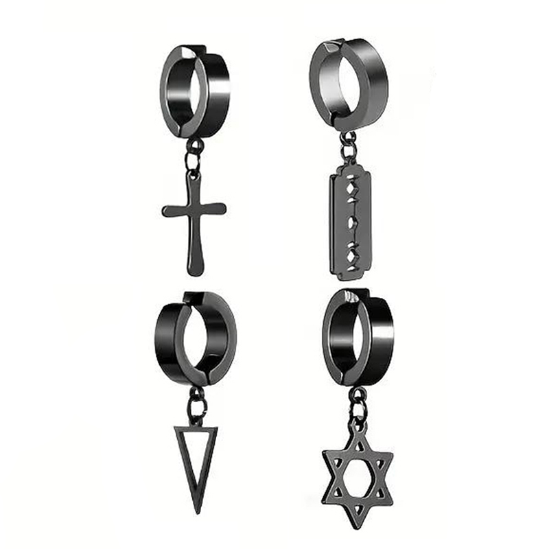 Conjuntos de aretes falsos con imán de acero inoxidable para hombre, conjunto de estrella relámpago cruzado punk, 2-7 Uds.: Bronce antiguo plateado