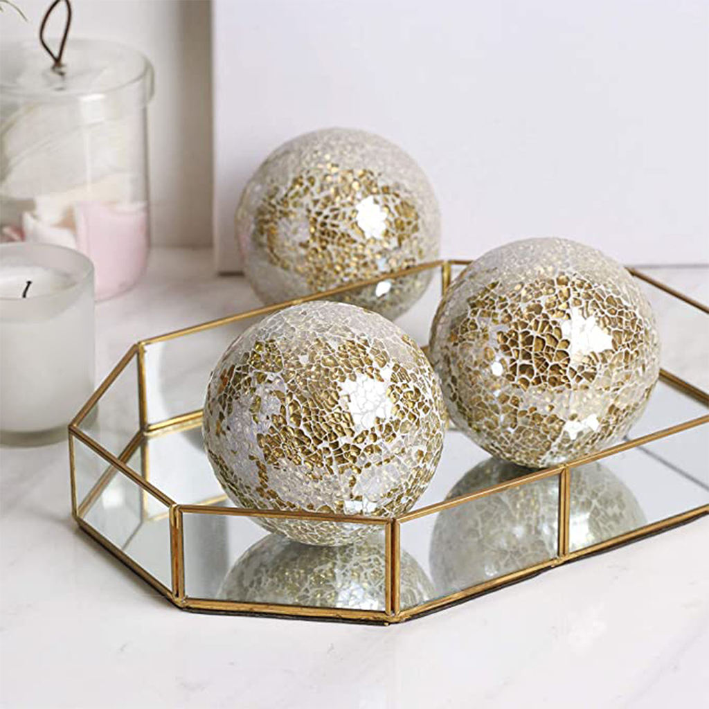Mosaic Sphere Balls Set 3.15inch Centerpieces Bowls Crackled Glass Globe Decorative Ball for Ornaments Home Dining Table Decor: Gold  3Pcs