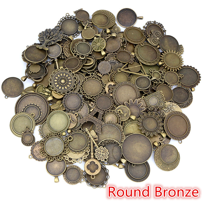 30 Gramm Mix Styles Antike Bronze Versilberte Zinklegierung Anhänger Blank Cameo Cabochon Base Setting Lünetten Schmuck Zubehör: Round Bronze