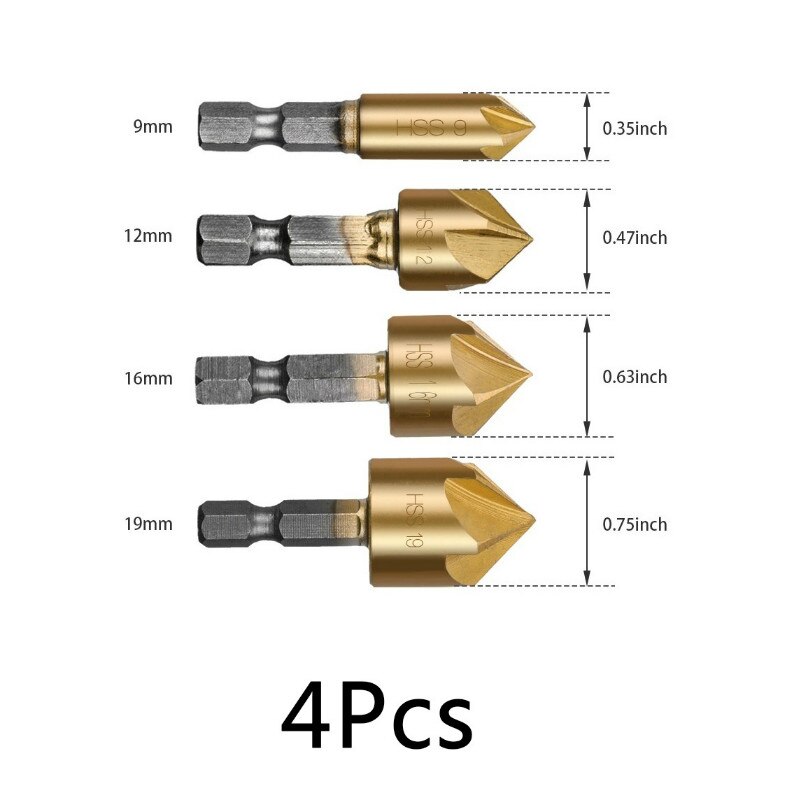 HSS Titanium Countersink Deburring Chamfering Drill 5 Flute Countersink Drill Bit Set 90 Degree Counter Sink Chamfer Cutter: 4pcs