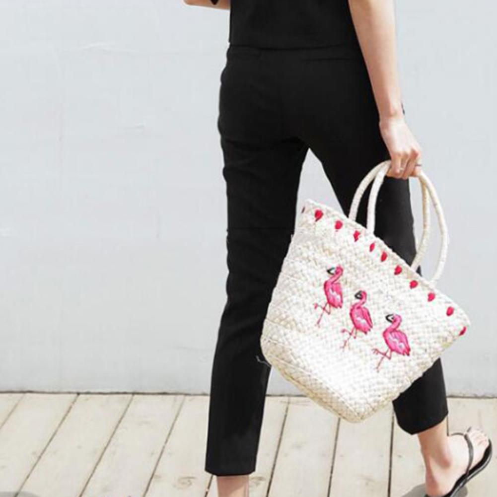 Rode Flamingo Borduurwerk Stro Gevlochten Tas Natuurlijke Flamingo Geweven Strand Sling Tote Bag Voor Vrouwen