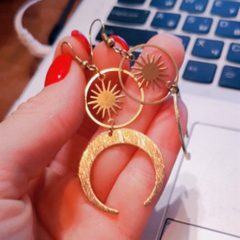 Celestial Sun and Moon Earrings Crescent Phase Boho Witchy Brass or Antique Gold Color Jewelry 2022 Women Girlfriend