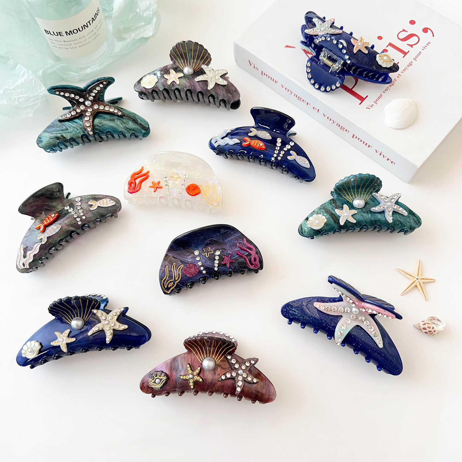 DuoShang Summer Rhinestone Starfish Hair Claw Acrylic Claw Clips Beach Ocean Series Crab Hair Clips for Women Hair Accessories