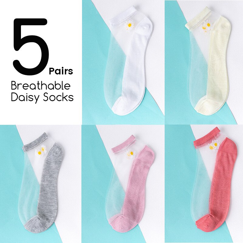 5Pairs/Lot Women Socks for summer Ultra-thin Transparent Cass Glass fiber Silk Socks daisy Flower Japan Ankle Socks: 380-daisy