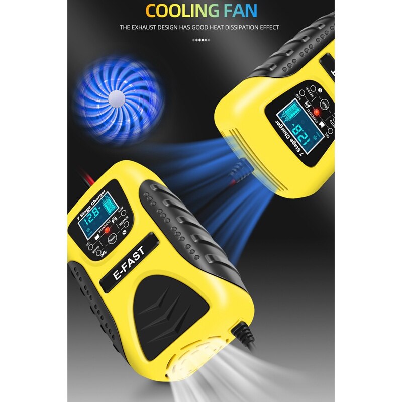 E-Fast 12V 7 Stage Multi-Battery Mode Lead-Acid Battery Charger Power Pulse Repair with LCD Digital Display