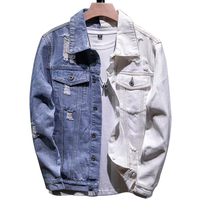Chaquetas vaqueras de algodón para hombre, estilo Hip Hop, ajustadas, Azul, Blanco, de retazos, color sólido, informal, para motociclismo, de talla grande 5XL