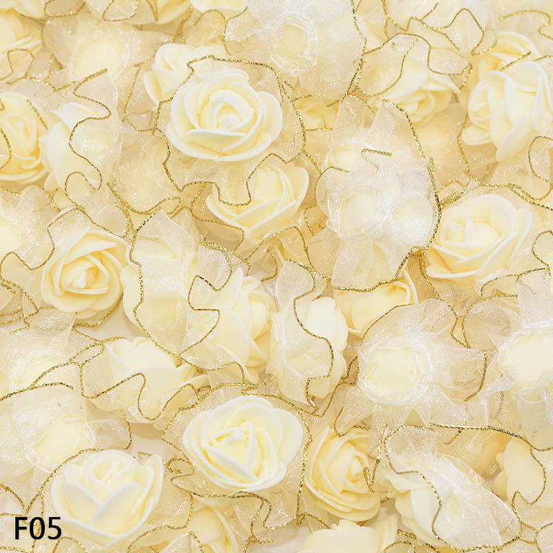 50 stuks 4 cm gouden kant witte rozen kunstmatige rozen bloemen DIY scrapbooking ambachtelijke cadeau accessoires krans thuis bruiloft decor: YELLOW