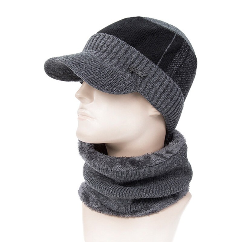Vinter hatte beanies til mænd varm mand plus fløjl strikkede hatte tørklæder cap krave sæt balaclava maske motorhjelm gorras: Grå sort