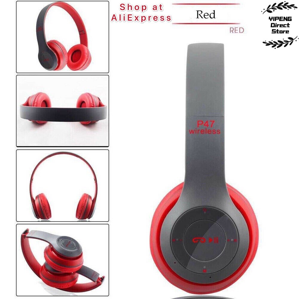 P47 langattomat kuulokkeet hifi stereo taitettava bluetooth-kuuloke mikrofonilla tuella sd-kortti  ps4 älypuhelimen tablet-kannettavalle: Punainen