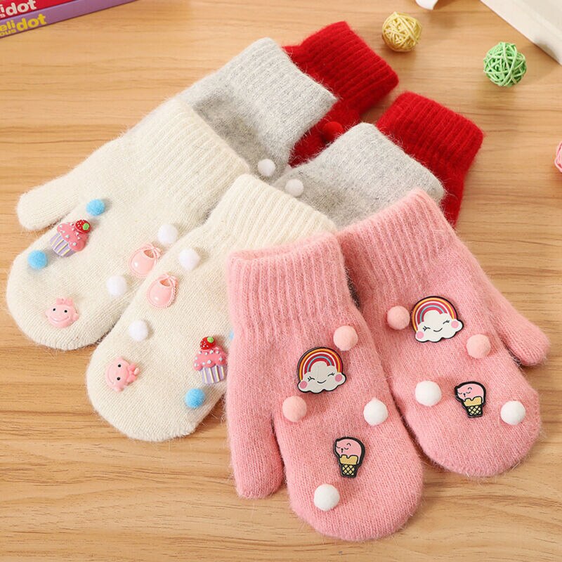 Children's Gloves Kids Boys Girls Winter Warm Cute Baby Knit Soft Gloves Kids Cartoon Candy Color Star Mitten Size 6-12Y