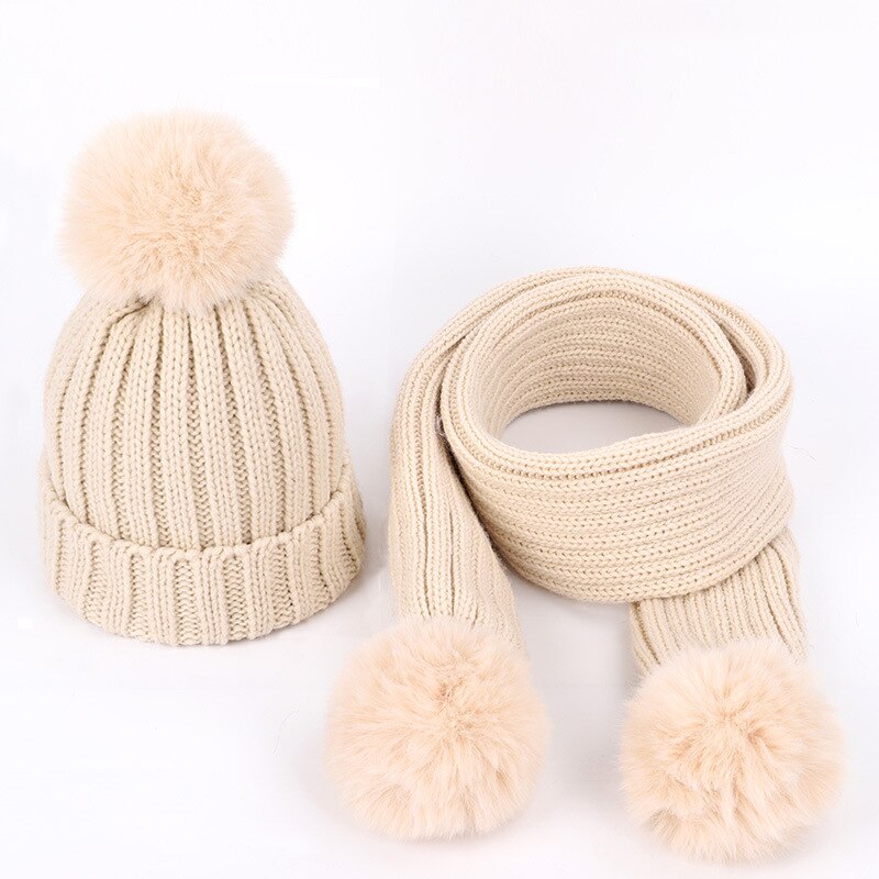 Efterår og vinter varme børns strikkede hat tørklæde sæt all-match pels kugle baby tyk uld hat tørklæde: Beige