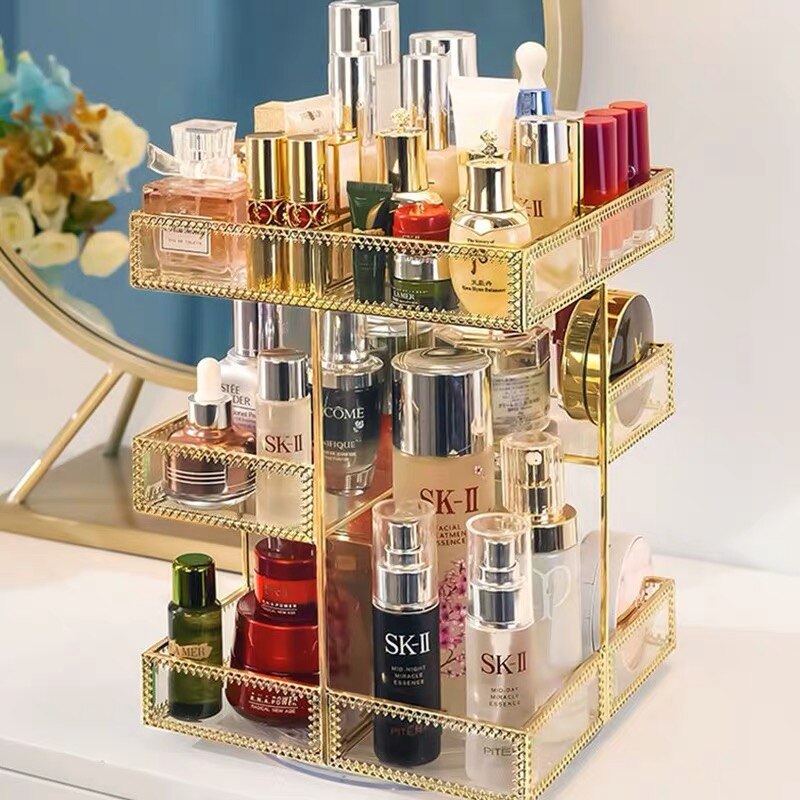 Antique Spacious Mirror Glass Cosmetic Storage Cube Set with 3 Tier Dustproof Drawers Vanity Tray/Gold Metal Makeup Storage