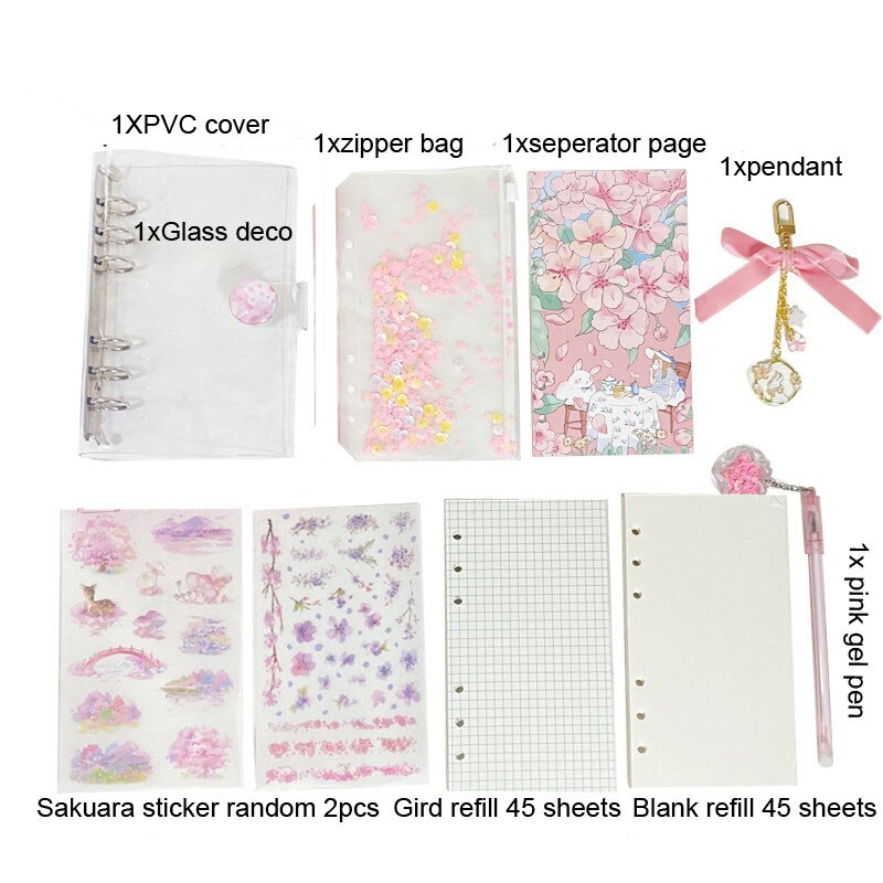Kawaii Transparent A6 Sakura Zipper Binder Diary Notebook Set Journal Note Book Cherry Blossoms Binder Journals Book Stationery: PVC cover set