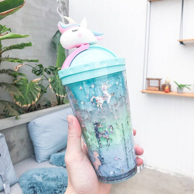 Unicorn Push Cap Plastic Ice Cup Cute Literary Fresh Cartoon Double Straw Cup Students Cup: 4